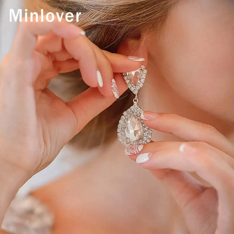 Minlover Siver цветные Серьги-капли для невесты для женщин, каплевидные Стразы, большие висячие серьги, модные свадебные ювелирные изделия MEH003