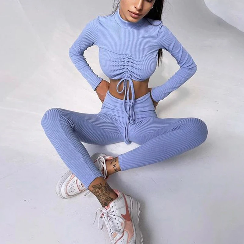 

Осенний вязаный комплект из двух предметов с кулиской, женские укороченные топы с коротким воротником и высоким воротником, спортивные брю...