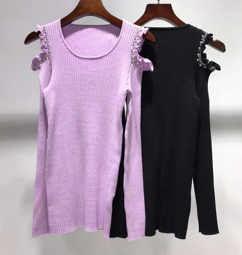 

High Quality Sweaters 2020 Autumn Winter Tops Ladies Sexy Off Shoulder Crystal Beading Deco Long Sleeve Casual Black Purple Top