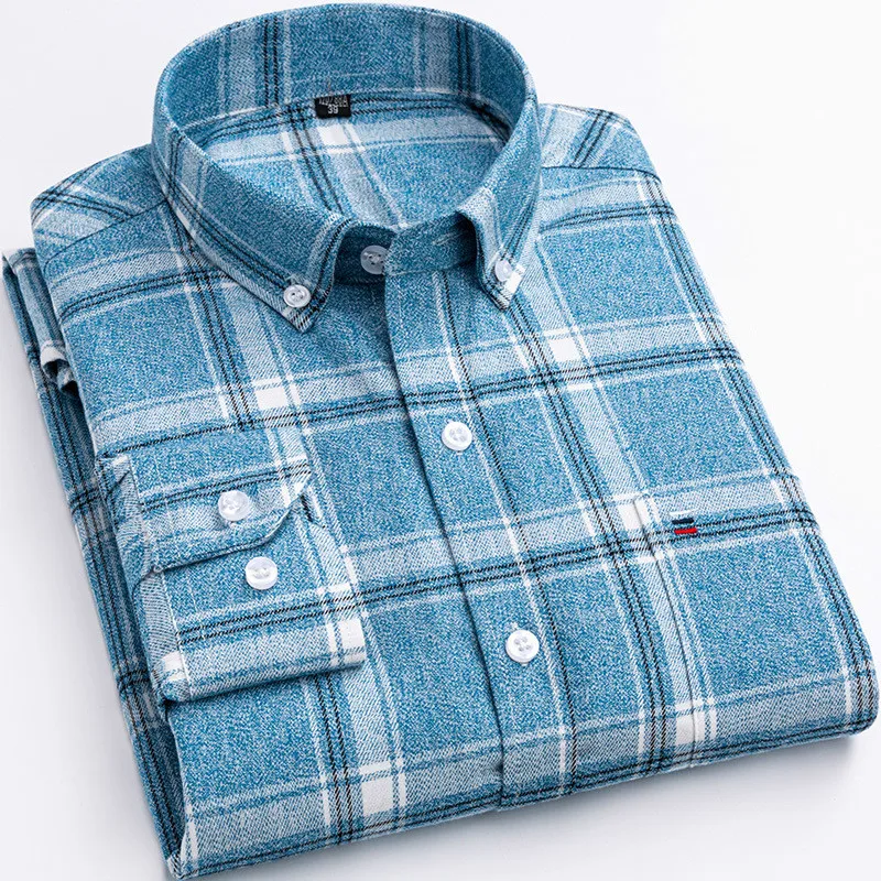 

7XL 100% Cotton Long Sleeve Shirt Plaid Middle-aged Business Slim Fit Shirt Men Casual Korean Clothes Oversized Button Up Shirt