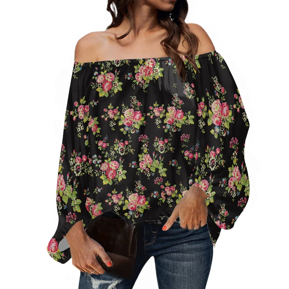 

Cottagecore Fashion Rose Hibiscus Print Black Puff Sleeve Top Blouse Women Casual Blouse Women Vintage Off Shoulder Streetwear