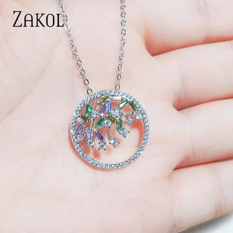 ZAKOL Модные Разноцветные Подвески с изображением дерева, циркония для женщин, белое золото, кристалл, свадебные украшения, подарок, FSNP2039