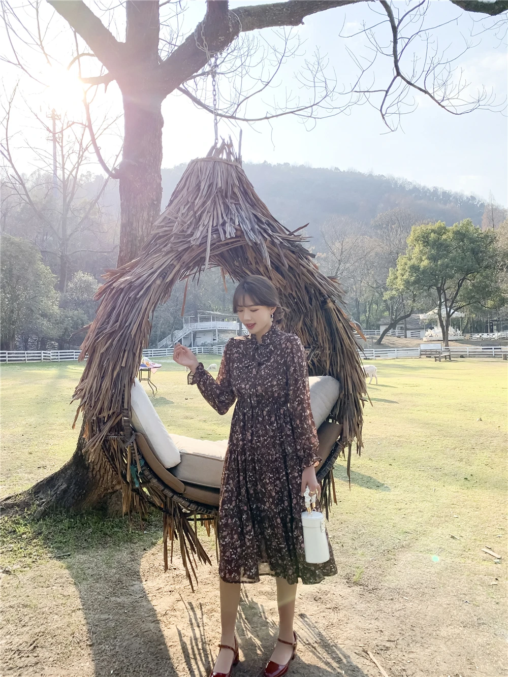 

2021 Spring Fenimine Vestidos Korea Japanese Style Women V Neck Temperament Lace-Up Floral Print Prairie Chic Dress