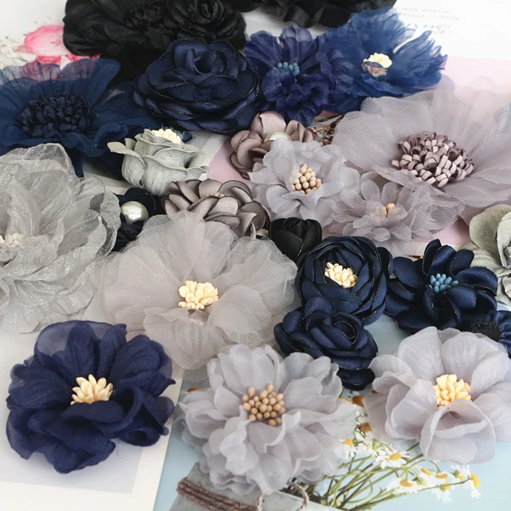 10 шт./лот серия серый черный Камелия Роза шифоновая ткань цветок для свадебного