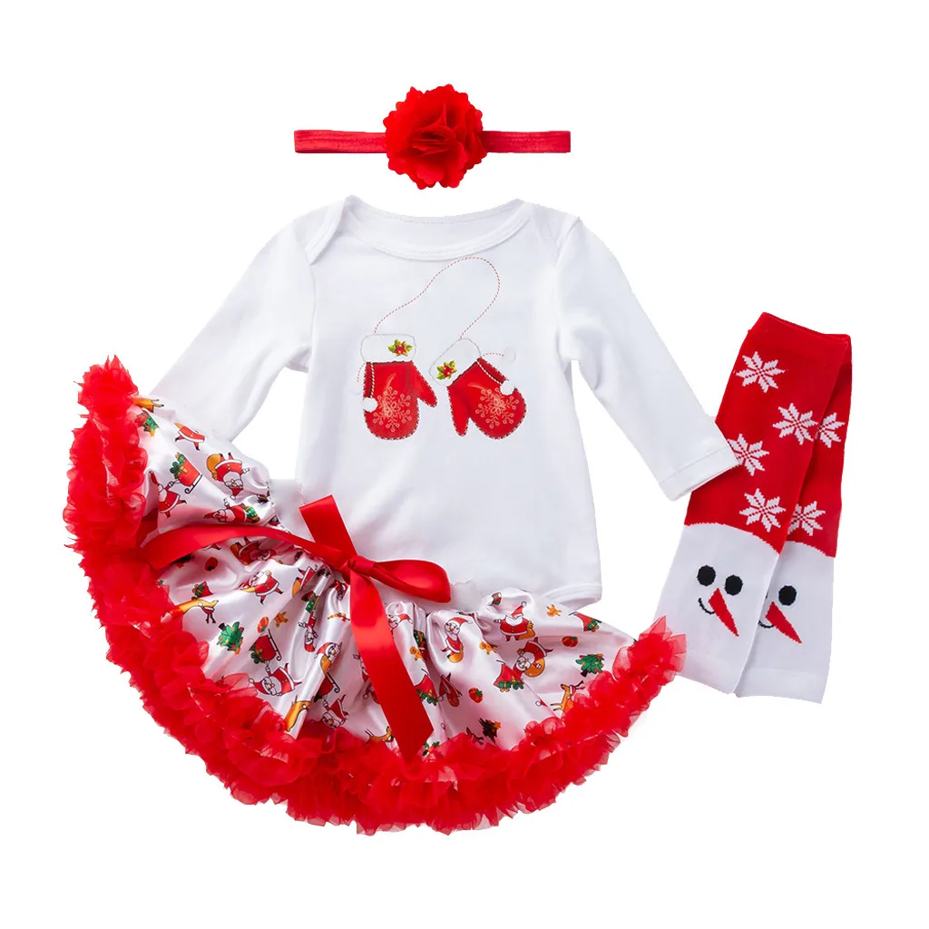 Christmas Baby Girl Clothes Set Winter 4pcs Santa Printing Romper Skirt Outfits Soft Cotton | Детская одежда и обувь