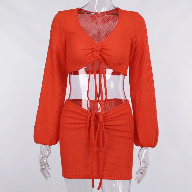 Avrilyaan - two piece set of knitted lace miniskirt and blouse elegant suitable for party autumn 2021 |