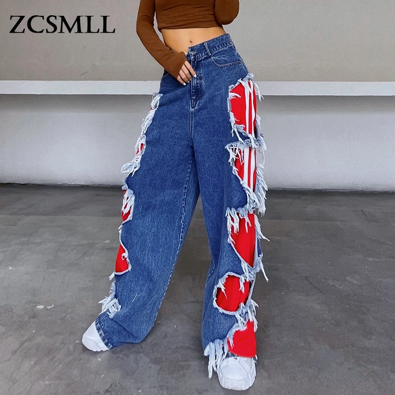 

Джинсы ZCSMLL женские Асимметричные с высокой талией, уличная одежда в стиле пэчворк, брюки с широкими штанинами, осень 2021