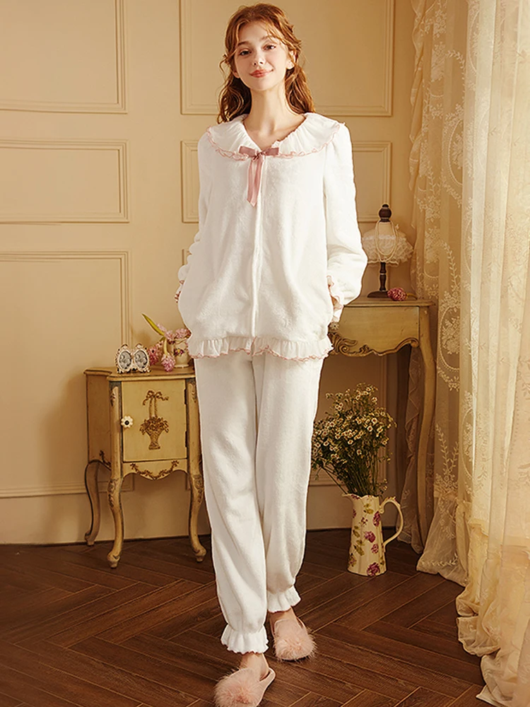 Winter Flannel Pajama Set Women Fleece Clothes+Pants Pajamas Sleepwear HomeClothes Thick Warm Coral Velvet Female Nightgown Suit