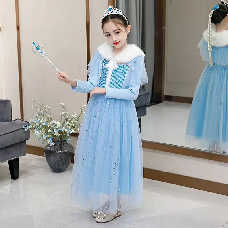 

2021 Autumn Winter Long Sleeve Frozen 2 Cosplay Kids Girls Elsa Princess Dress & Snowflake Cape Halloween Birthday Party Costume