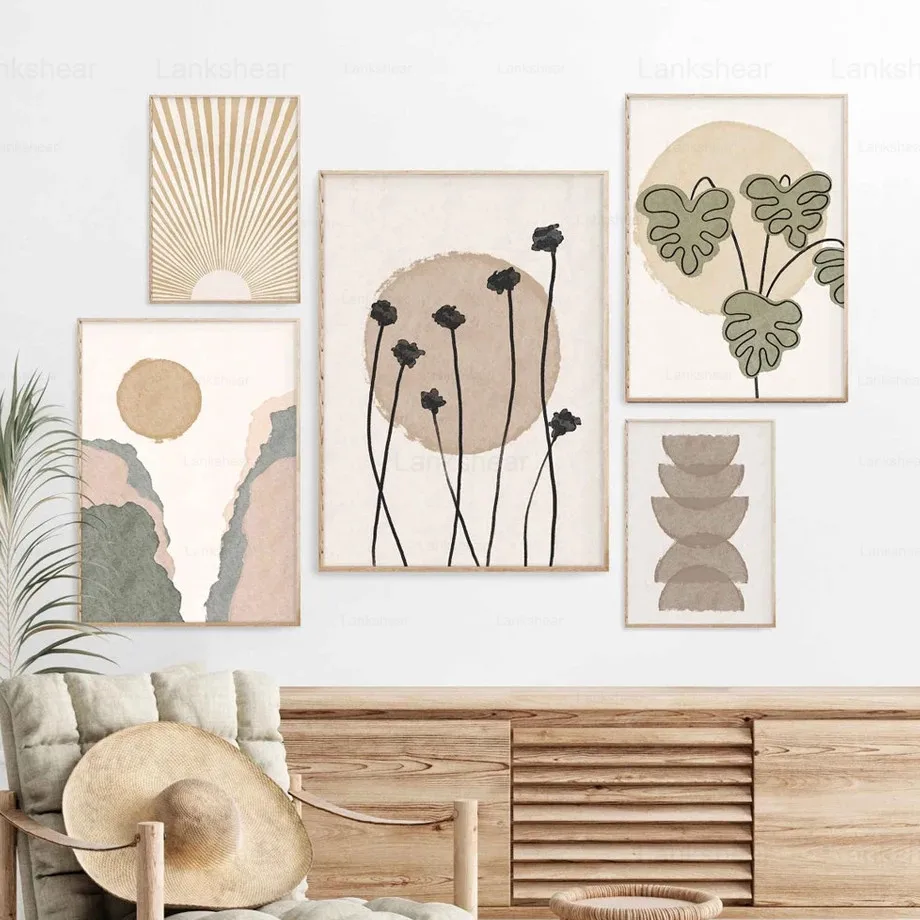 

Абстрактная живопись на холсте, солнце, тростник, листья гинкго, художественные плакаты в скандинавском стиле, украшение для гостиной, наст...