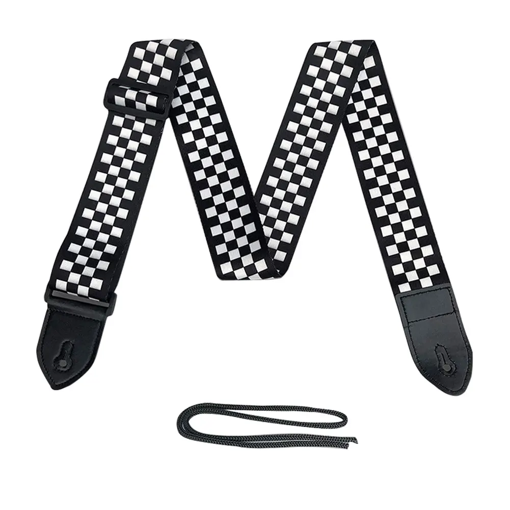 

Adjustable Ukulele Strap Black White Plaid Acoustic Guitar Strap Belt Ukulele Bass Guitar Part Accessories With Leather Ends