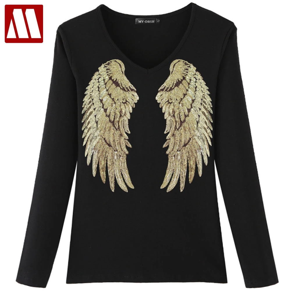 Женская хлопковая футболка облегающая с блестками и аппликацией крыльев дышащая