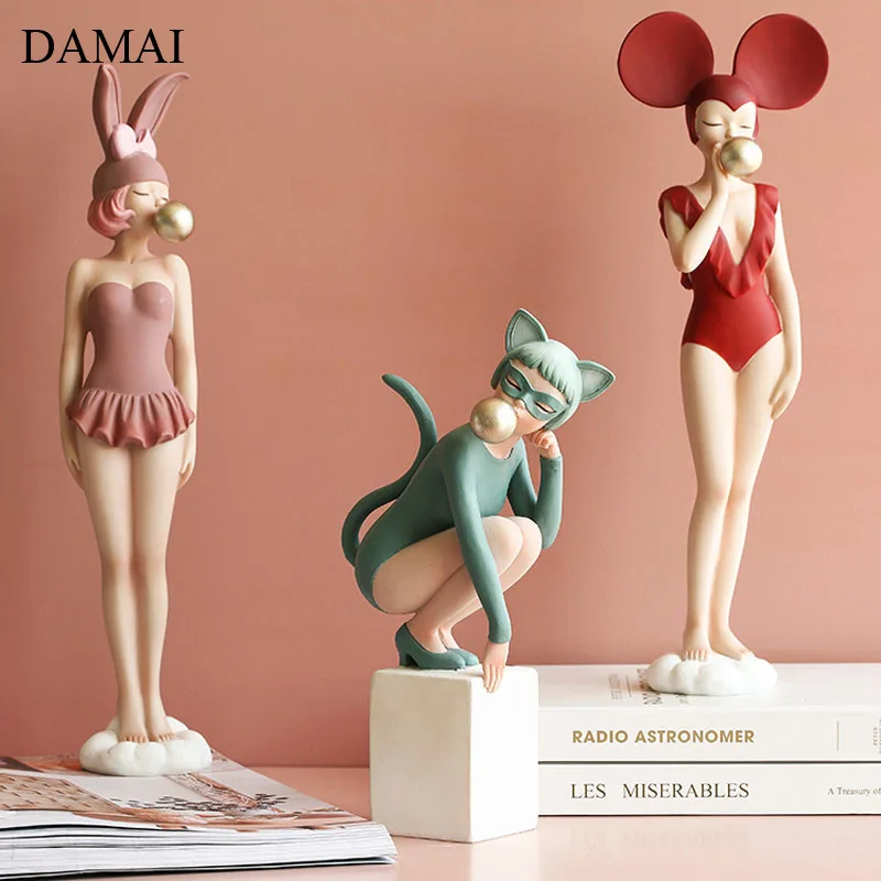 Decoração para Casa Mesa de Café Coelho Menina Resina Encantos Ornamentos Gato Estátua Estatuetas Sala Estar Decoração Acessórios