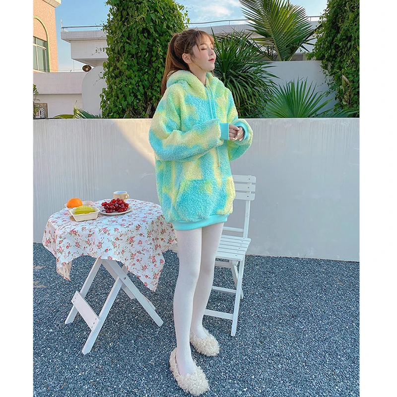 

Fleece Rainbow Tie Dye Hoodie Thick Women Warm Winter Harajuku Casual Pocket Sweatshirt Oversized Long Girl Clothes Streetwear