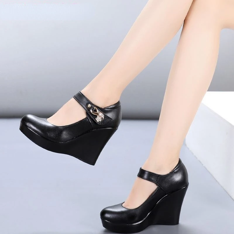 

TOACEK 2021 Spring Autumn Genuine Leather Women's Fashion High Heels Pumps Wedges Black Color Female Platform Shoes Large size
