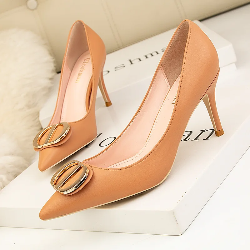 European and American style sexy shoes women's shoes stiletto high heels shallow mouth pointed metal buckle banquet