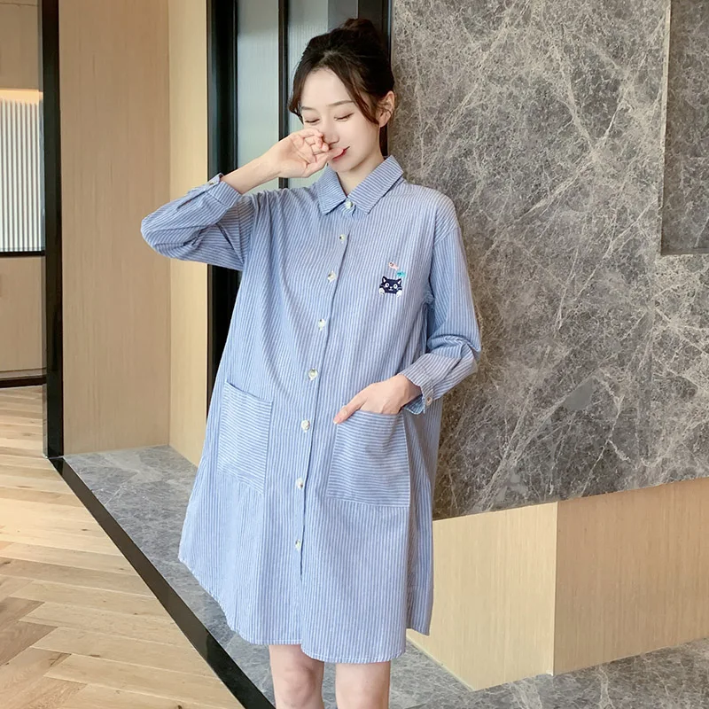 2022 Embroidery Striped Maternity Dress Blouses Dresses Spring Autumn Shirts Clothes for Pregnant Women Pregnancy Clothings