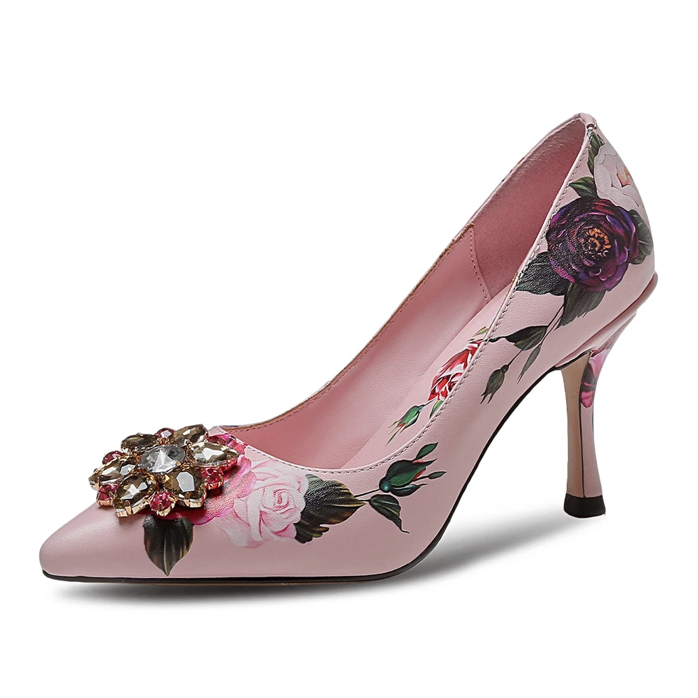 

Spring 2022 New Women's Single Shoes Pointed Elegant Printed High Heels Rhinestone Buckle Temperament Banquet Fashion Shoes Pink