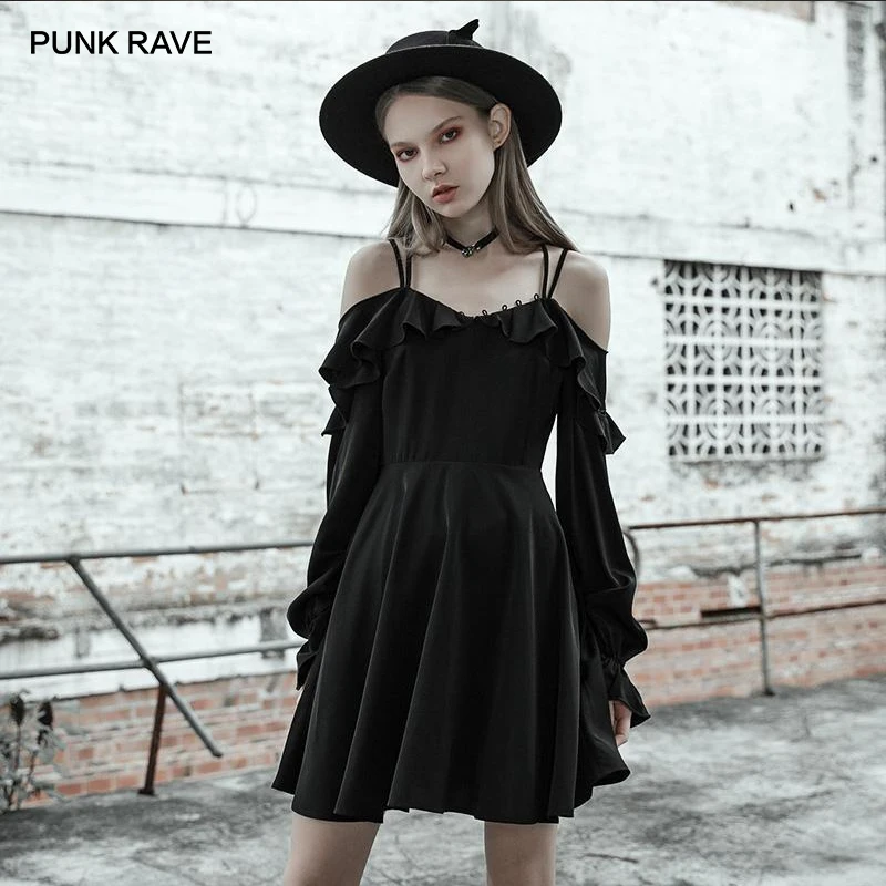 Панк рейв девушка готический черный сексуальный с открытыми плечами оборками