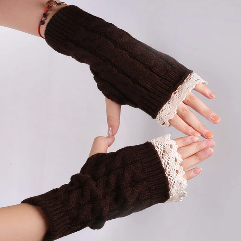 Осенне-зимние женские комбинированные шерстяные перчатки без Пальцев толстые