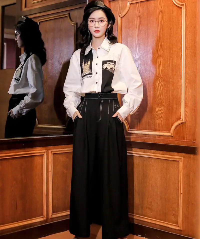 

Fall 2020 Women Long Sleeve Blouse Patchwork White Button Up Collar Shirt Loose Designer Korean Fashion Clothing V138