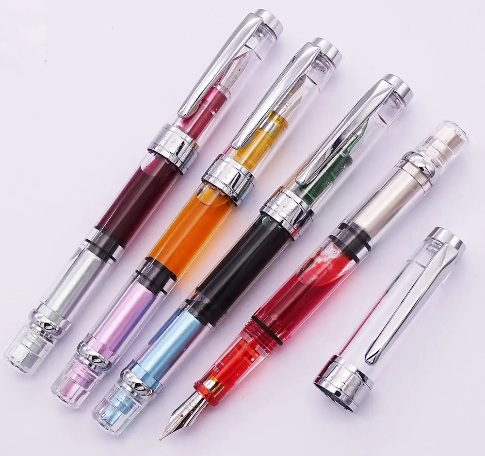 

Upgraded Colorful Wing Sung 3008 Piston Transparent Fountain Pen Wingsung Silver EF/F Nib & Trim Ink Pen Office School Gift