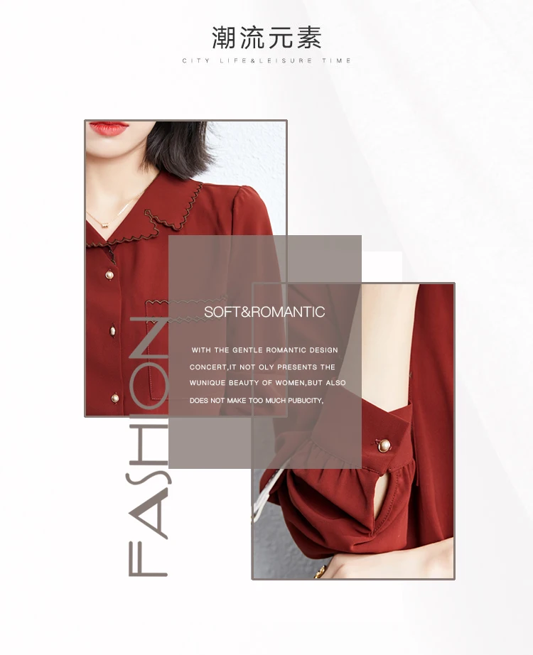 

Summer Women's Blouses Fashion Tops Solid Color Casual Shirts Blusas Chiffon Polo Collar Long Sleeve Korean New