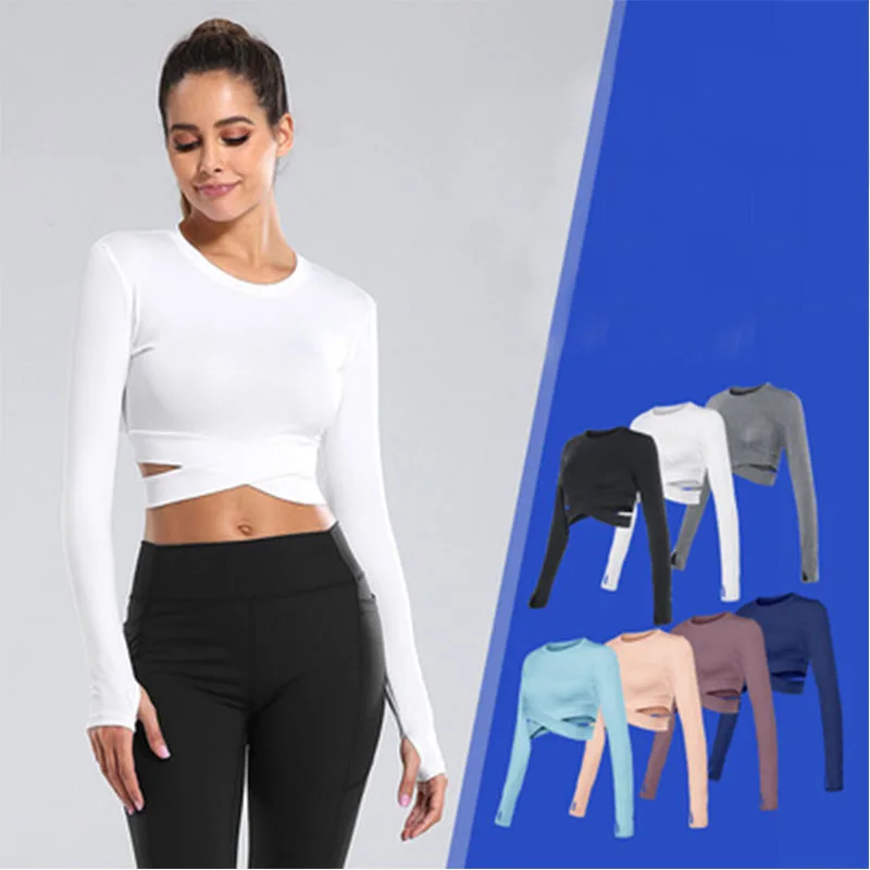 

Women Long Sleeve Running Shirts Sexy Exposed Navel Yoga T-shirts Solid Sports Shirts Quick Dry Fitness Gym Crop Tops Sport Wear