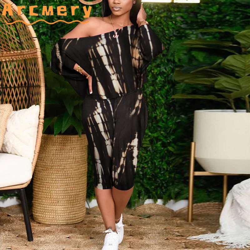 

2 Pieces Shorts Sets Women Tie Dye Printed Off Shoulder Top T-shirt & Bodycon Shorts Casual Lounge Wear