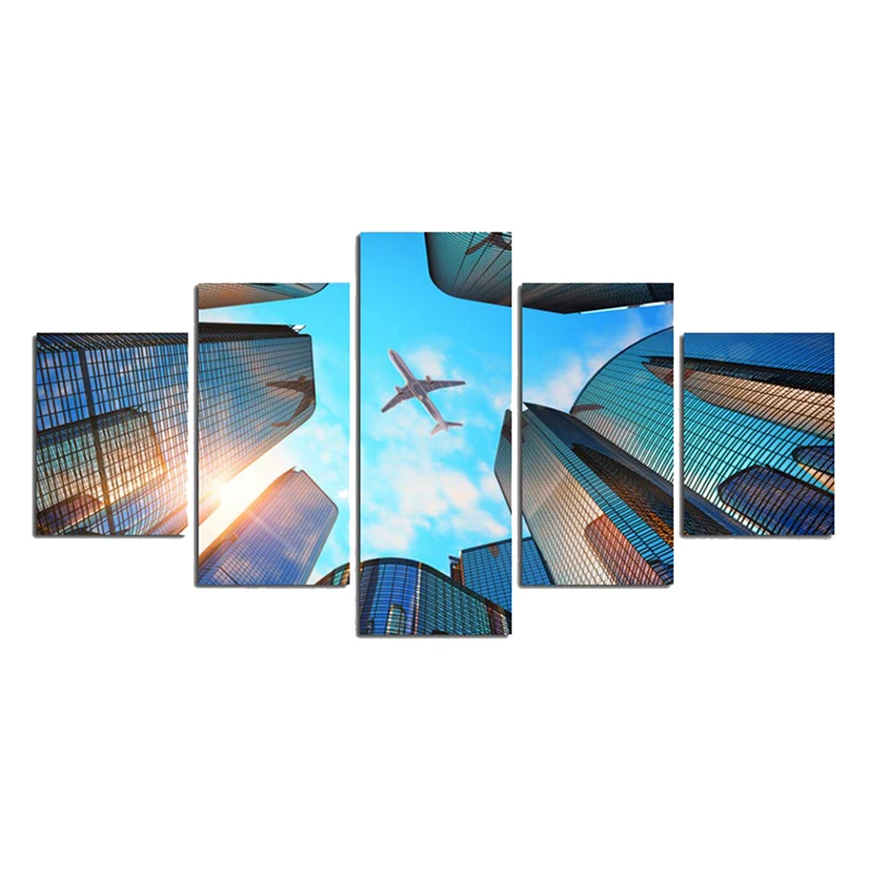 

5 Pieces Wall Pictures Modern City Architecture Airplanes Wall Art Canvas Print Mural Home Decoration Living Room Bedside Decor