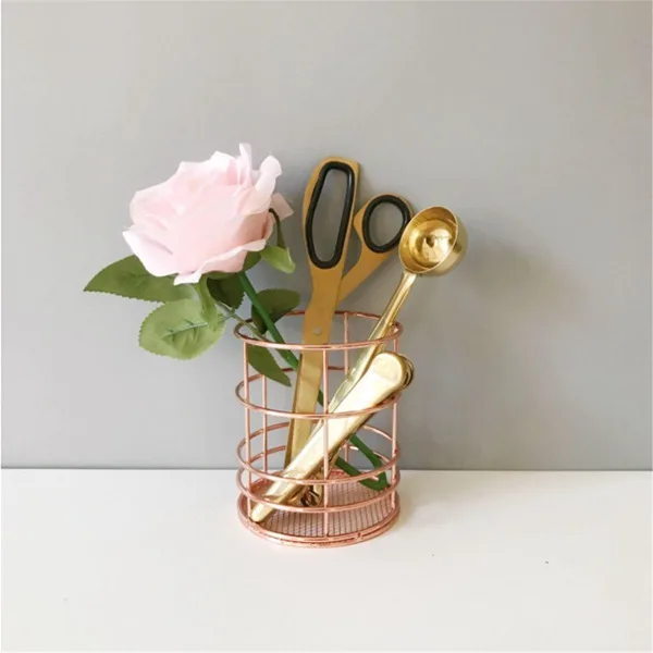 

2 Pcs Rose Gold Wire Mesh Storage Basket Pen Holder Organizer: 1 Pcs Round Iron Mesh Stationery Pen Cup & 1 Pcs Metal Wire Bathr