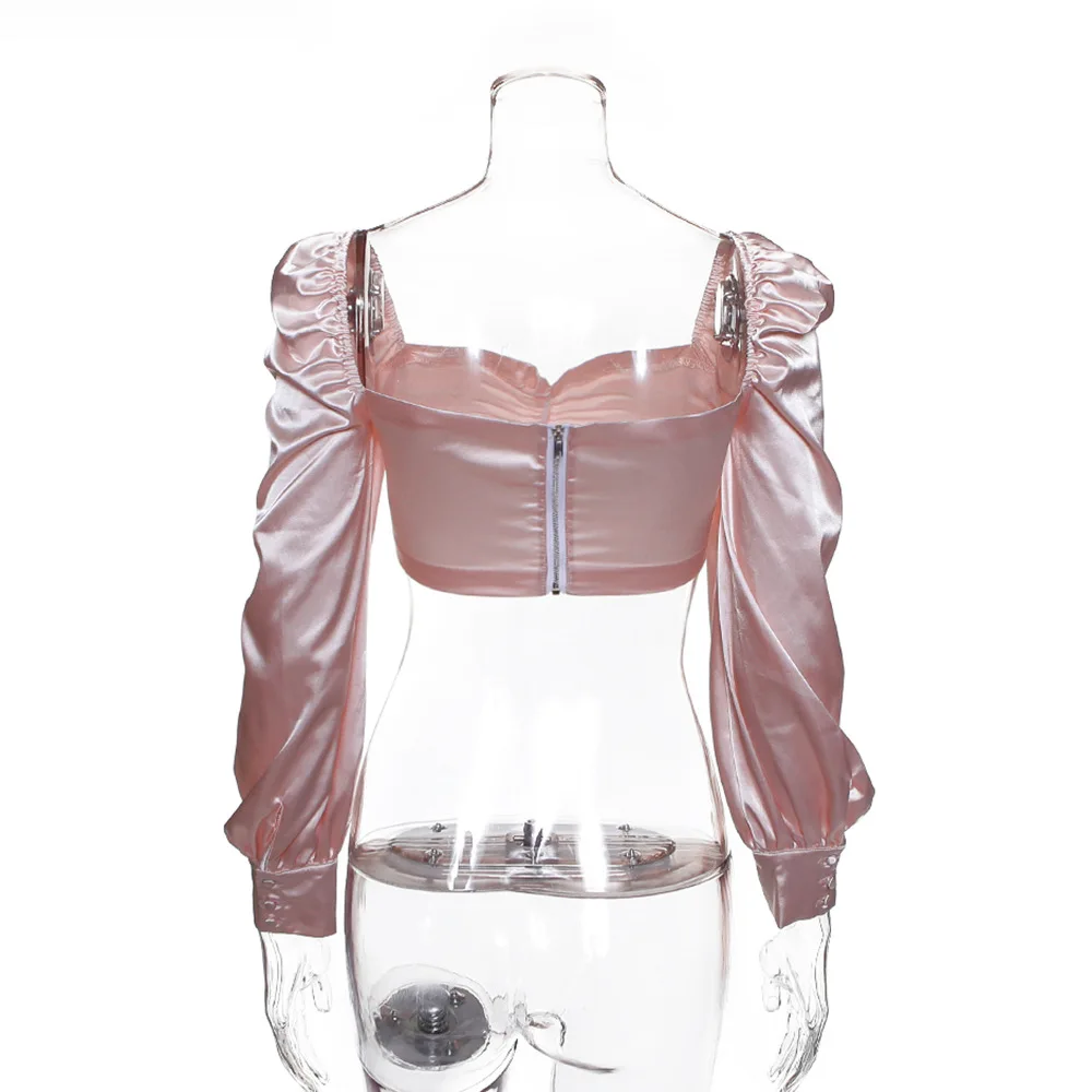 

Summer Women Sexy Puff Sleeve Blouses Shirts Fashion Long Sleeve Slash Neck Show Stomach Cropped Tops Shirts