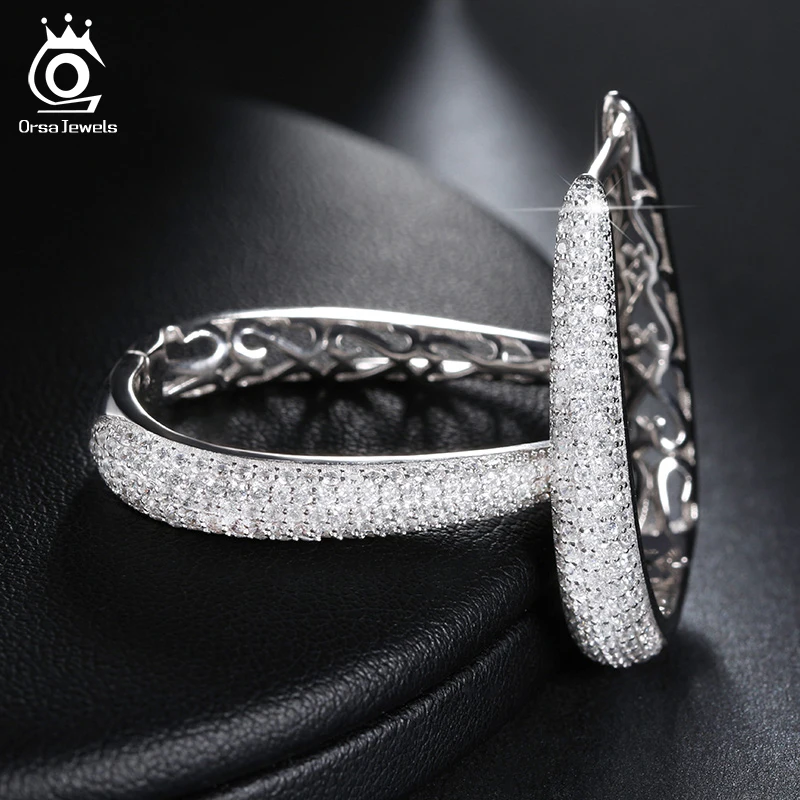 ORSA JEWELS Роскошные Серьги-Кольца Серебряный Цвет Украшенные ААА Австрийским Фианитом Для Женщин Модная Бижутерия Стиль ОЕ139