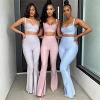 summer bandage 2 two piece set women sleeveless short top sexy bodycon high waist flared trousers pants celebrity party sets