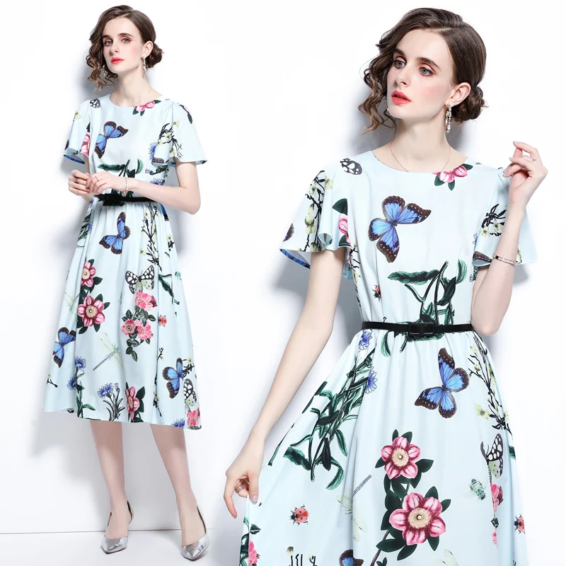 

Simgent Butterfly Dress Women Summer Fashion Flare Sleeve A Line Belted Printed Dresses Vestidos Female Dames Jurken SG1613