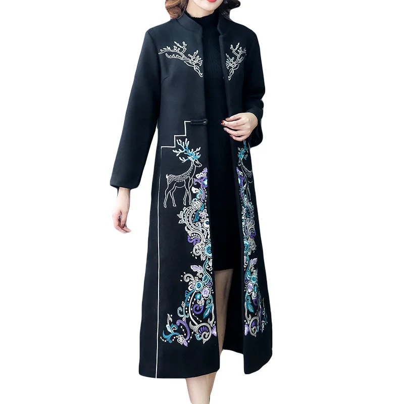Black chinese style Retro wool embroidered coat women's slim long Windbreaker autumn and winter Embroidery overcoat - Color: Black