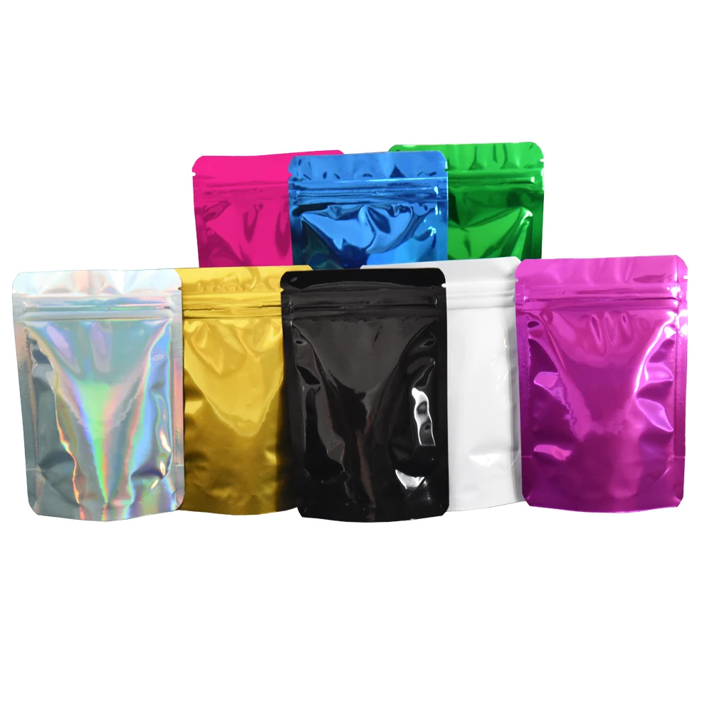 

100Pcs 8.5*13cm Glossy Mylar Foil Zip Lock Stand Up Bag Tear Notch Self Grip Seal Reusable Reclosable Food Storage Pack Pouches