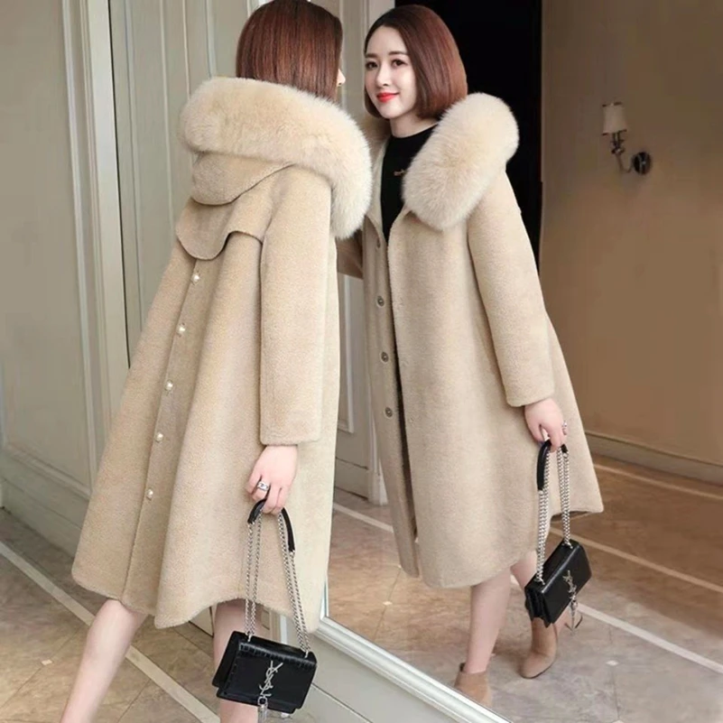 Women Woolen Coat Long Over-Knee Trench Coat Fashion Elegant Imitating Fox Fur Collar Jacket Plus Size Loose Hooded Warm Coat