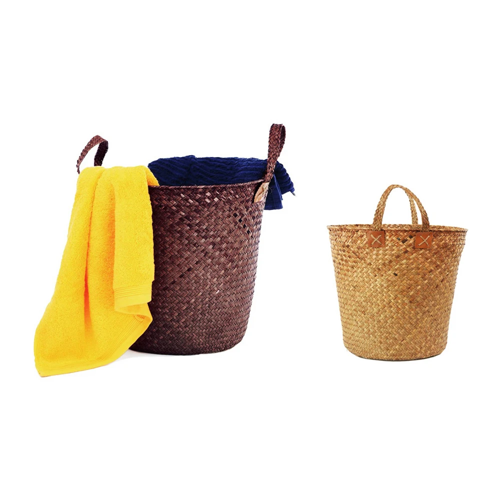 Круглая корзина для белья из натурального ротанга складная Соломенная Корзина