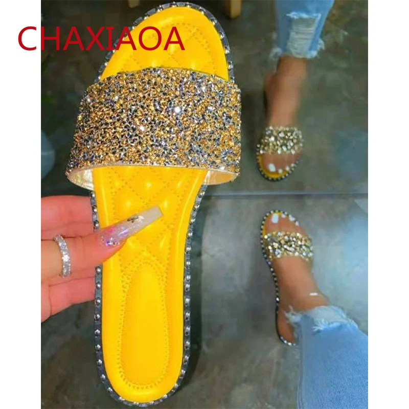 

CHAXIAOA 2021 Casual Women Slippers Open Toe Luxury Crystal Flats Shoes Woman Summer Beach Shoes Woman Comfort Outside Slippers