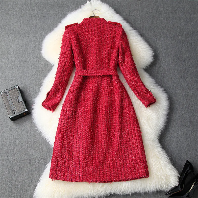 Зимнее женское Шерстяное Пальто из твида с бусинами однобортное на шнуровке