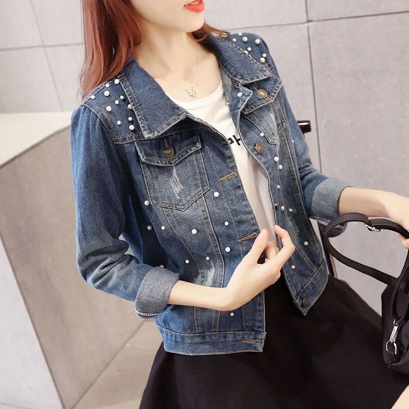

Vintage Jeans Jacket Beaded Women Short Coat 2021 Spring Autumn Slim Long-sleeve Denim Outerwear Plus size Casual All-match Tops