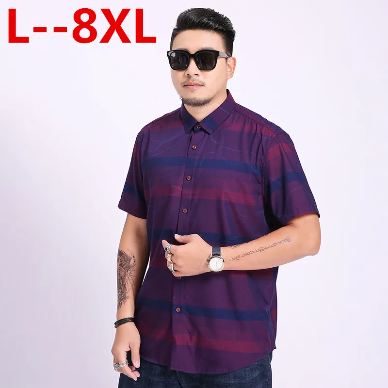 

6XL 5X Brand New 8XL Cotton Linen summer Slim Fit Casual short Sleeve striped Shirt Social Men Dress Shirts chemise homme