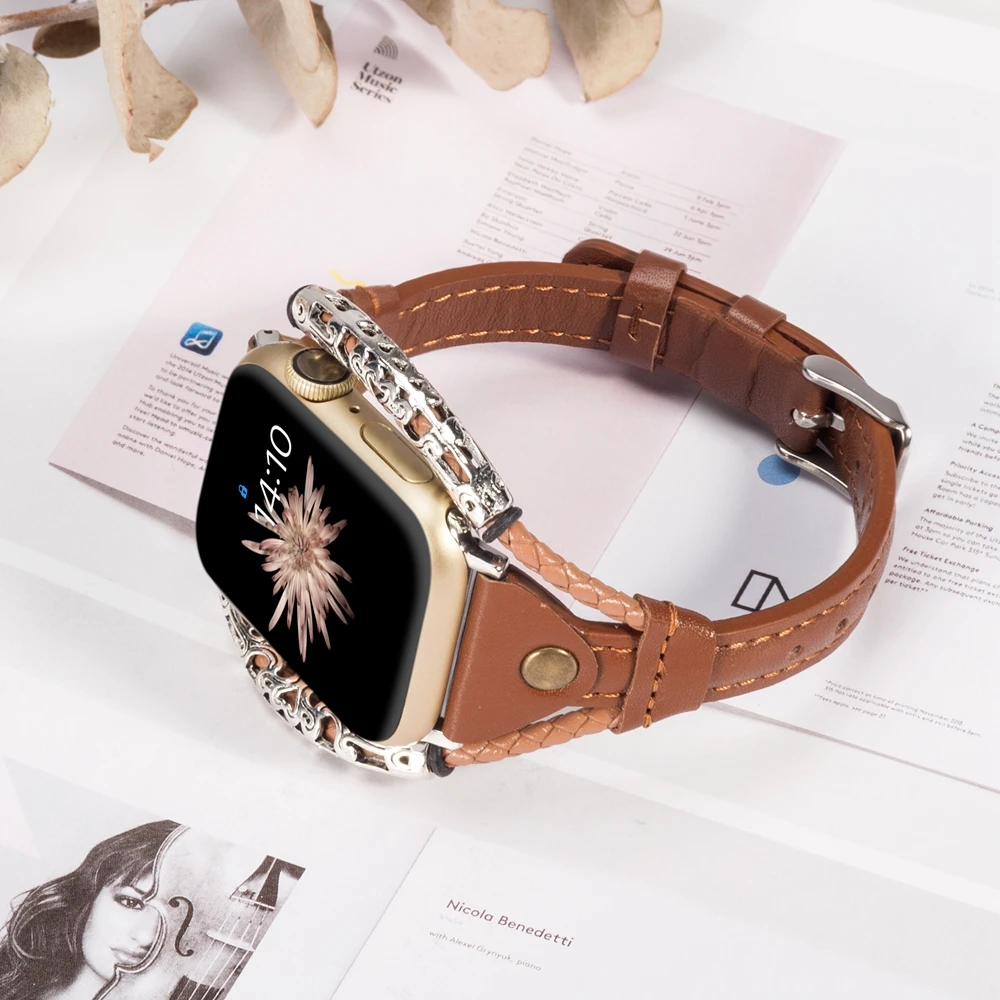 Винтажный кожаный ремешок для Apple Watch Band женский твист полоса ремешок заклепки с металлической веревкой браслет нарядный стильный iwatch серия