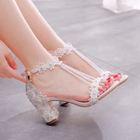 crystal queen elegant high heels 7cm womens banquet sandals platform toe wedding shoes white lace party dress pumps