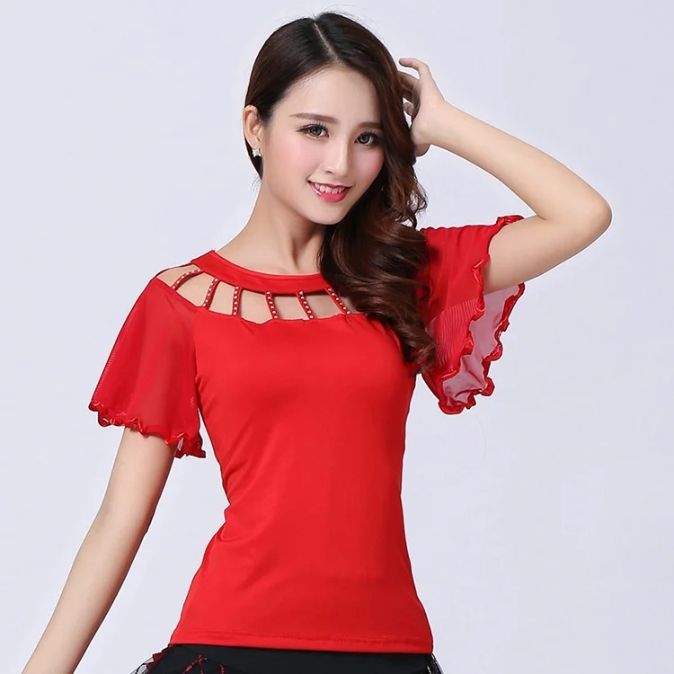 Women Latin Dance Blouse T-shirt Top Ballroom Dancewear Salsa Tango Diamond Flare Sleeve Practice 904-B135 | Женская одежда