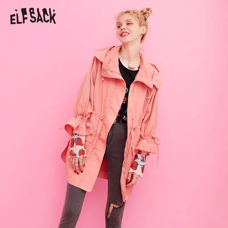 Pink ELFSACK New Women Trench Coats,Fashion Casual Turn-down Collar Hooded Female Trench Coat Autumn Streetwear Clothing - Цвет: Pink