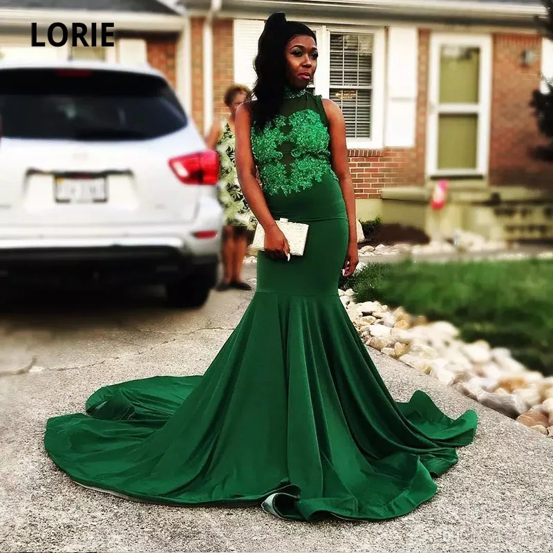 

LORIE Africa Evening Dresses High Neck Appliques Beaded Long Formal Arabic Prom Gowns Emerald Green Mermaid Party Dress 2021