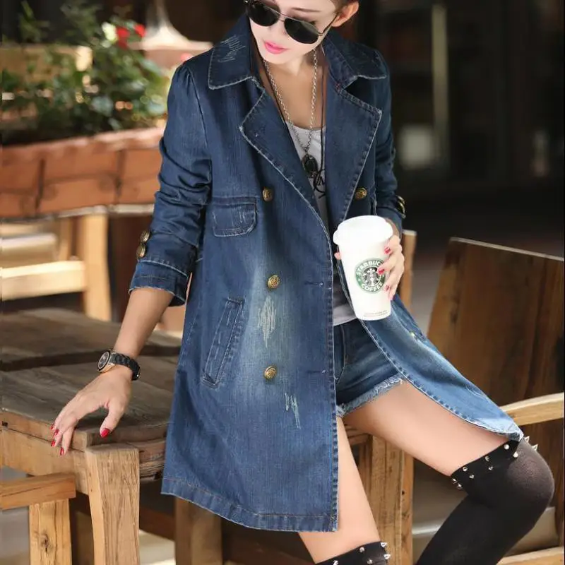2019 New fashion denim jacket women a-line Double-breasted medium long jeans jackets ladies plus size 3XL casual clothes | Женская