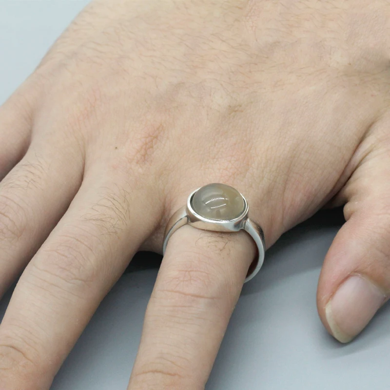 

S925 Sterling Silver Round Natural Stone Rings Vintage Solid Thai Silver Men Women Ring Jewelry for Engagement Gifts